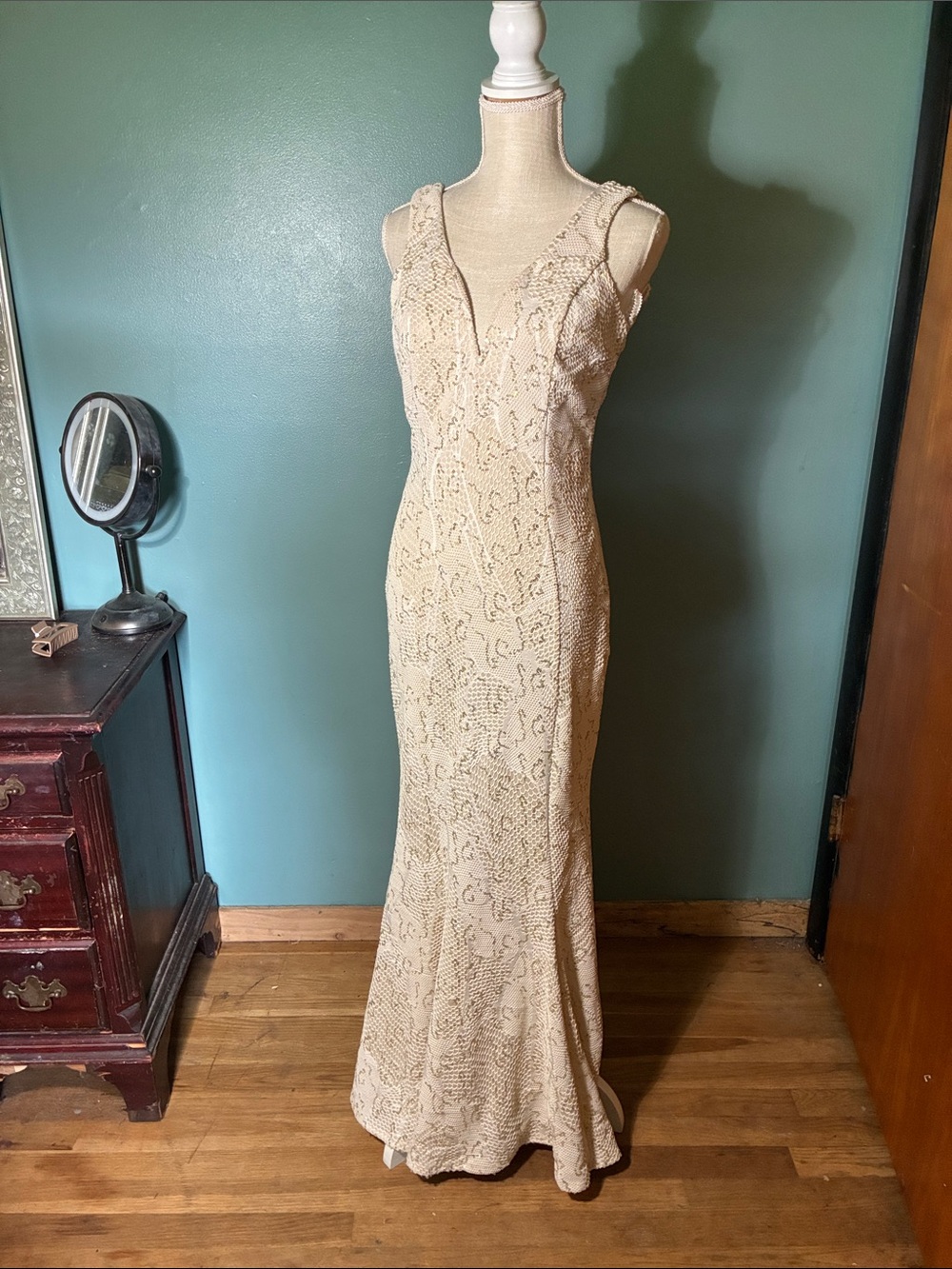 bailey blue Cream Beaded V-Neck Prom Gown